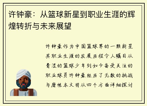 许钟豪：从篮球新星到职业生涯的辉煌转折与未来展望